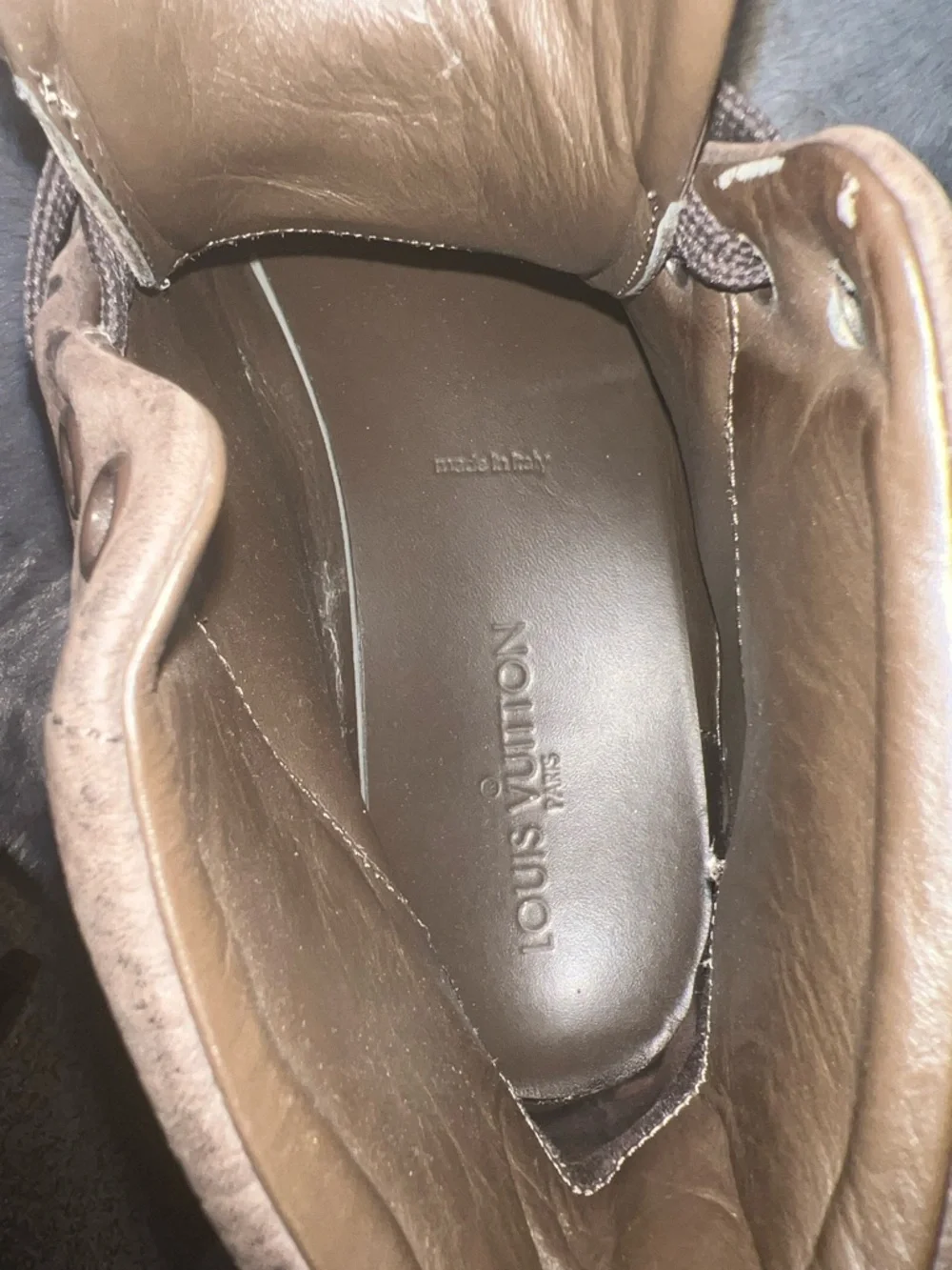 Louis Vuitton Brown Leather High-Top Sneakers with Yellow Sole - Picture 4 of 6